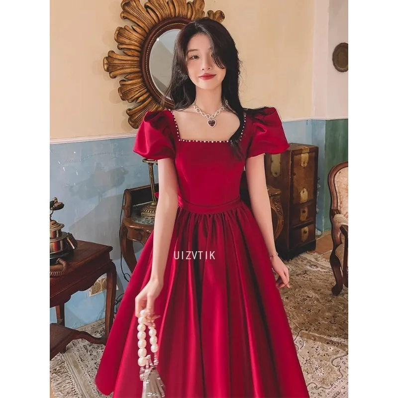 2025 Vrouwen Zomer Elegant Off Schouder Rode Feestjurk Vrouwelijke Vintage Bladerdeeg Mouw Hoge Taille Trouwjurk Dame Lange Jurk Boog