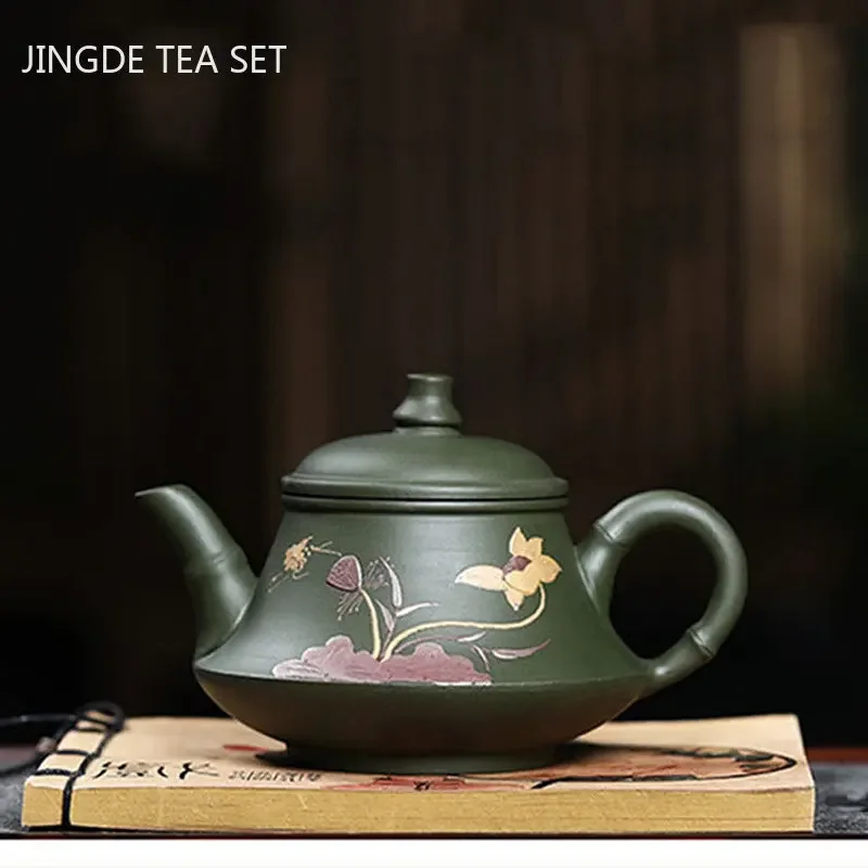 

220ml Chinese Yixing Purple Clay Teapot Hand-painted Lotus Green Mud Teapot Home Beauty Tea Infuser Traditional Zisha Tea Set