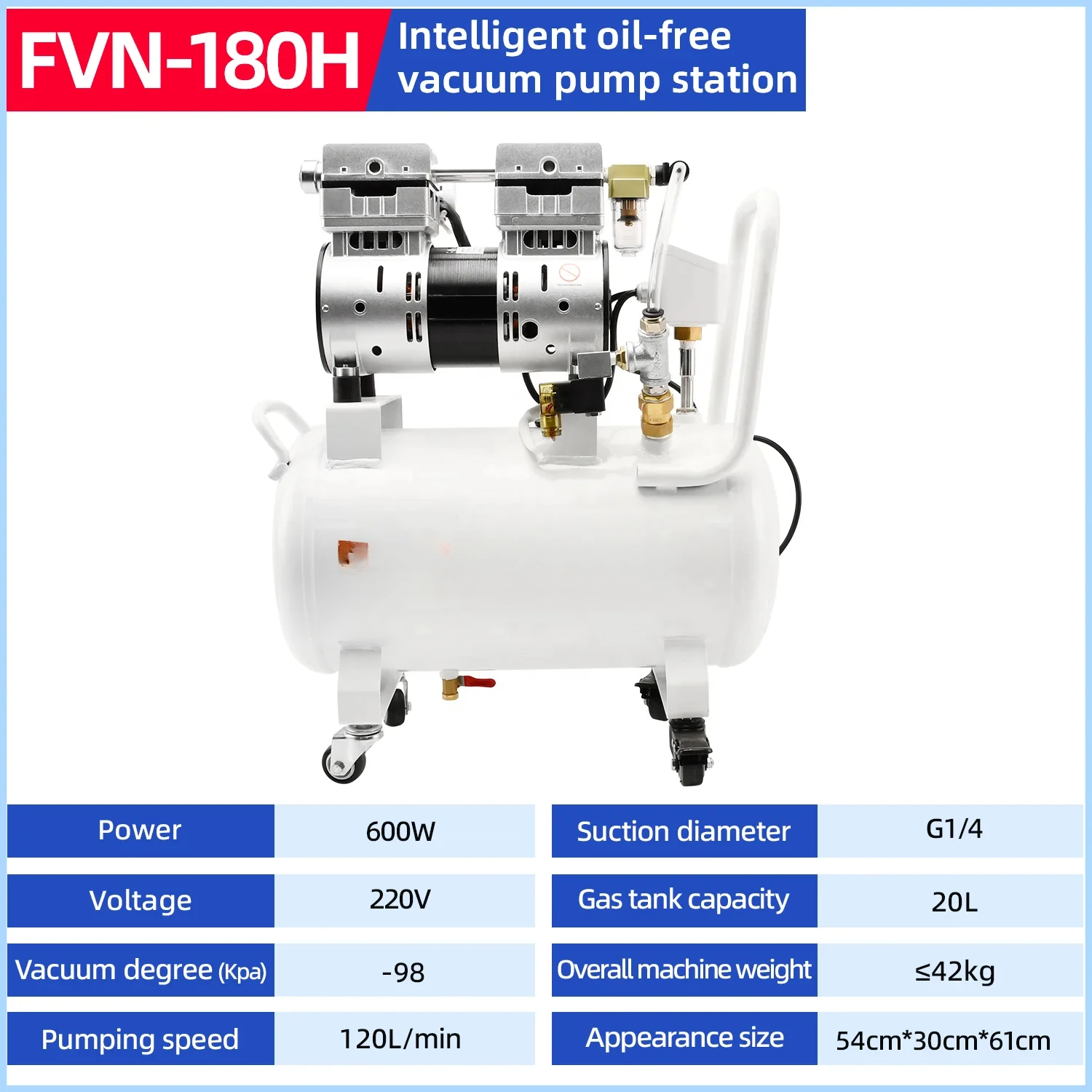 High Pressure 120L/min 98KPa 220V 600W Twin-Stage Piston Vacuum Pump Set Oil-Free with 20L Air Storage Tank Custom ODM Support