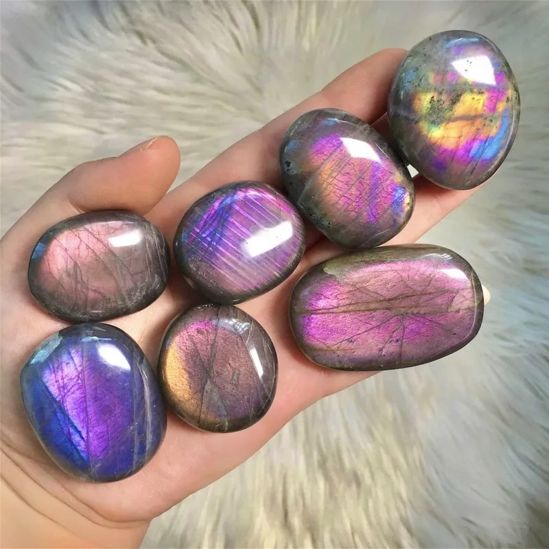 High-quality, sparkling purple-pink labradorite palm stone - multicolored rainbow variations, irregularly shaped crystal quartz