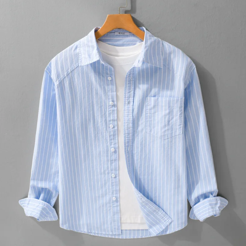

Classic Casual Striped Long Sve Men's irt Spring Autumn Loose Fit Youth Versatile Cotton lin Button-Up Faionable