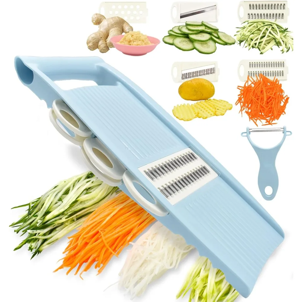 5-in-1-Schneider für die Küche, Gemüseschneider mit mehreren Klingen für Kartoffelchips, Julienne, Aktenvernichter und Schäler, Blau