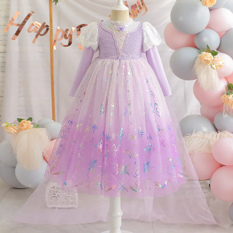 Gradient Purple Sequin Princess Rapunzel Dress Girls Purim Carnival Party Luxury Gown Spring Autumn Floor Length Print Outfits