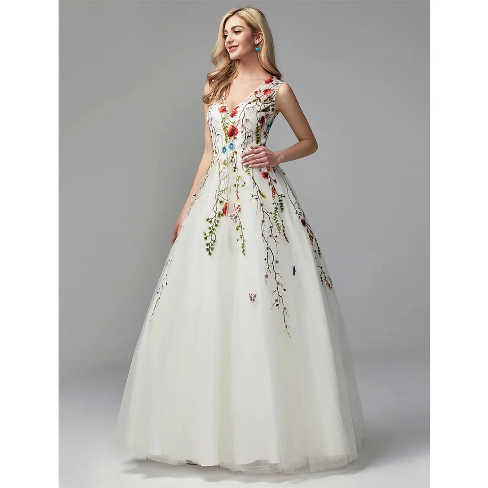 Sansa Elegant A-Line Floral Lace Porm Dress Customized Floor-Length Strapless Wedding Dresses Spaghetti Strap Vestidos De Fiesta