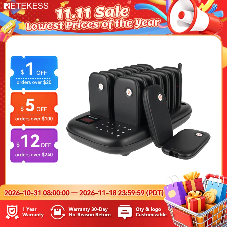 RETEKESS TD175 Restaurant Pager Wireless Calling System Vibrator Coaster Buzzer Beeper Receivers For Food Truck Cafe Bar Clinic