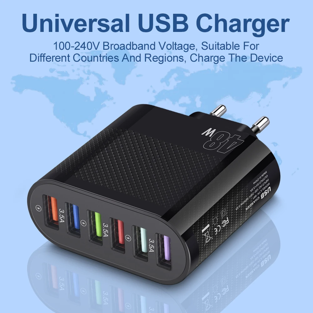 Muti 6 Ports USB Charger 48W USB Fast Charging Mobile Cell Phone High Speed Quick Charge Wall Adapter for Huawei Xiaomi Samsung
