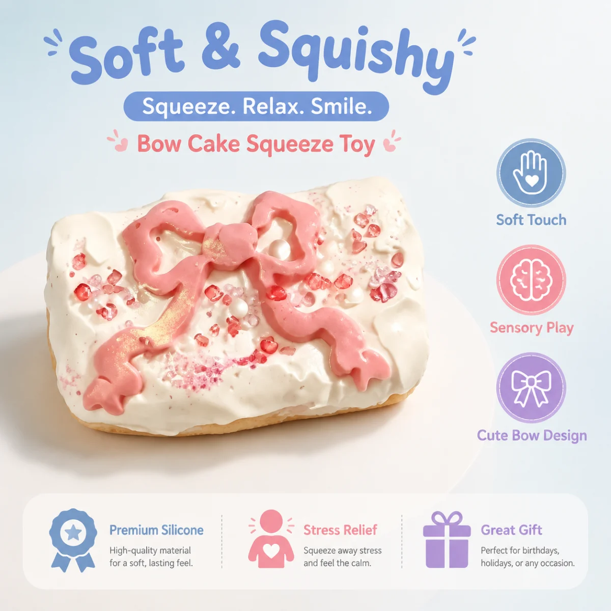 Food Grade White Cream Square Pastry Squishy Toy With 3D Pink Bow Decoration Inlaid Crystal Beads And Pearl Chips Slow Rebound