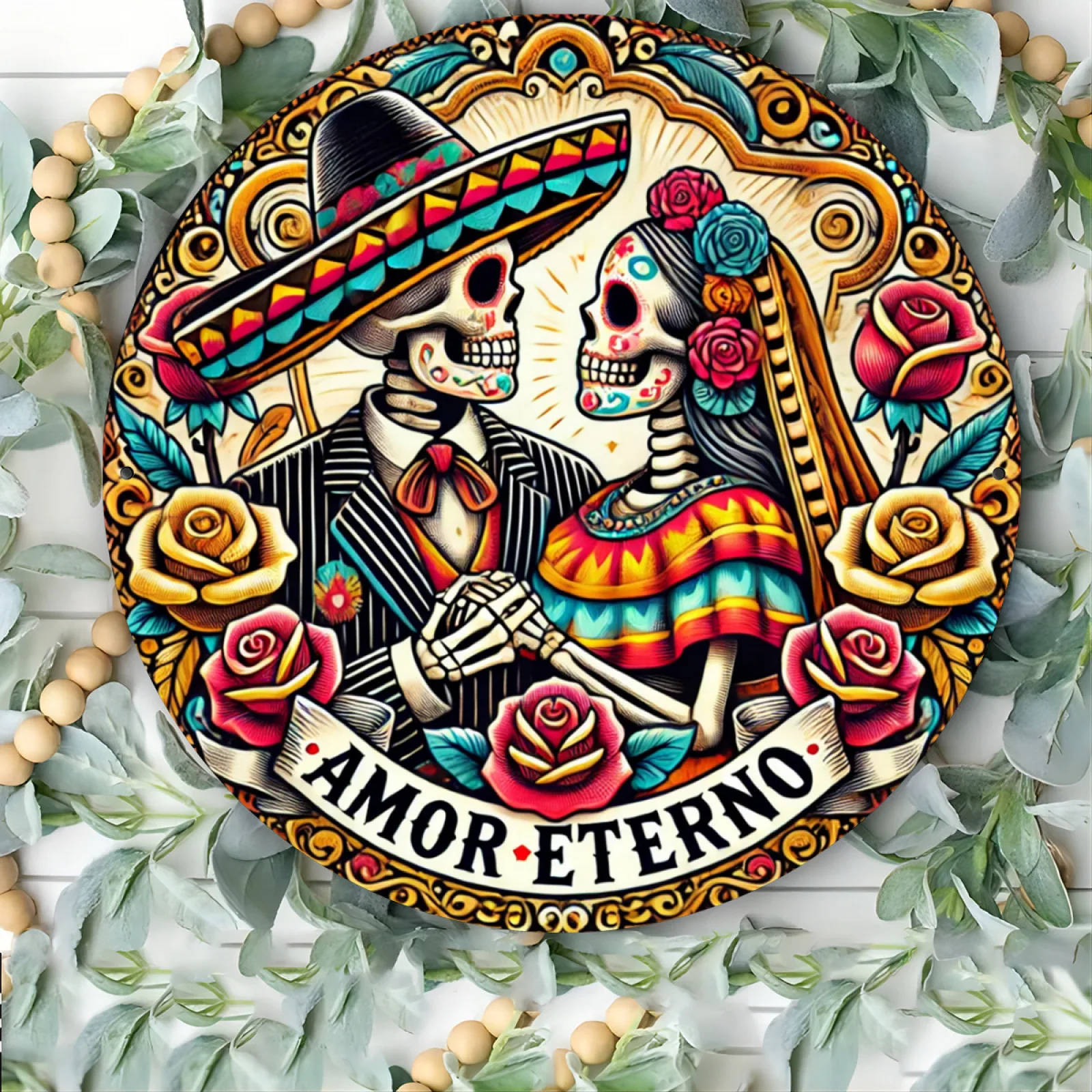 ديكور حائط من الألومنيوم Dia De Los Muertos - فن الزفاف المكسيكي ليوم الموتى مع زوجين الهيكل العظمي، الرومانسية القوطية العتيقة