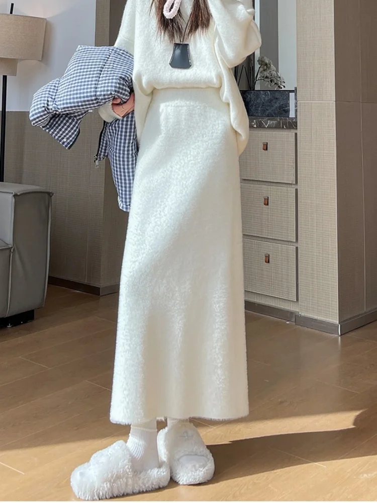 SMTHMA Mink Fur Autumn Winter Women's Knitted Long Skirt White Elegant High Waisted Slim Soft Solid Color Fashionable Skirt