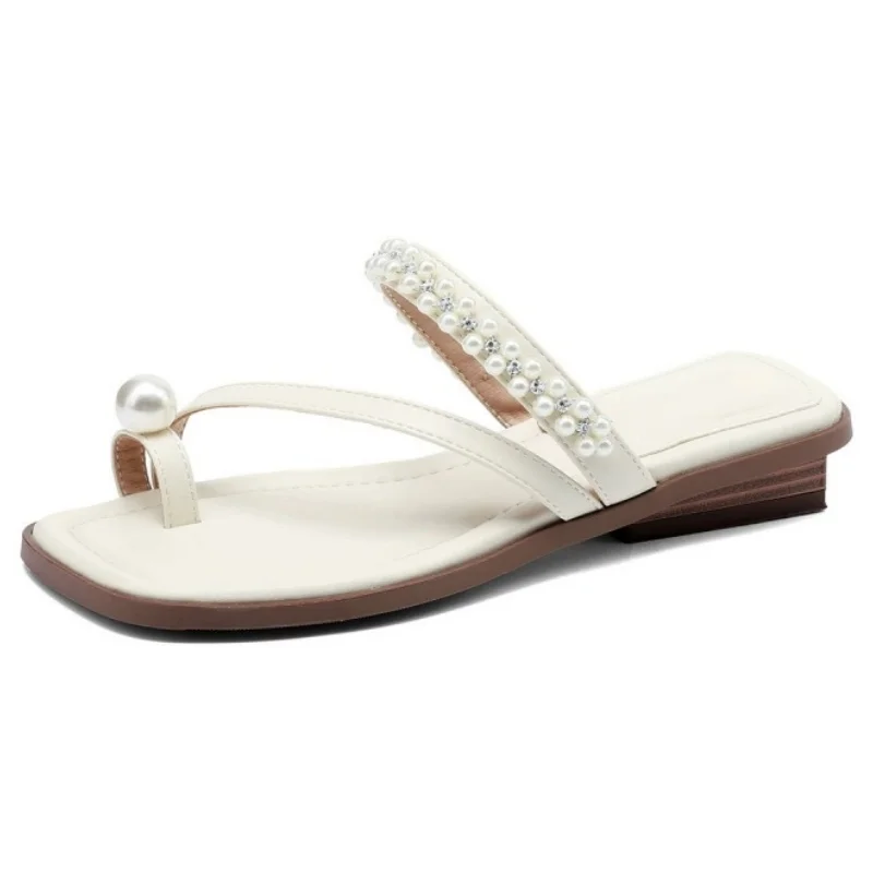 

Модные женские тапочки с жемчужным украшением, неглубокие женские сандалии без шнуровки с квадратным носком, пикантные женские туфли на низком каблуке с открытым носком