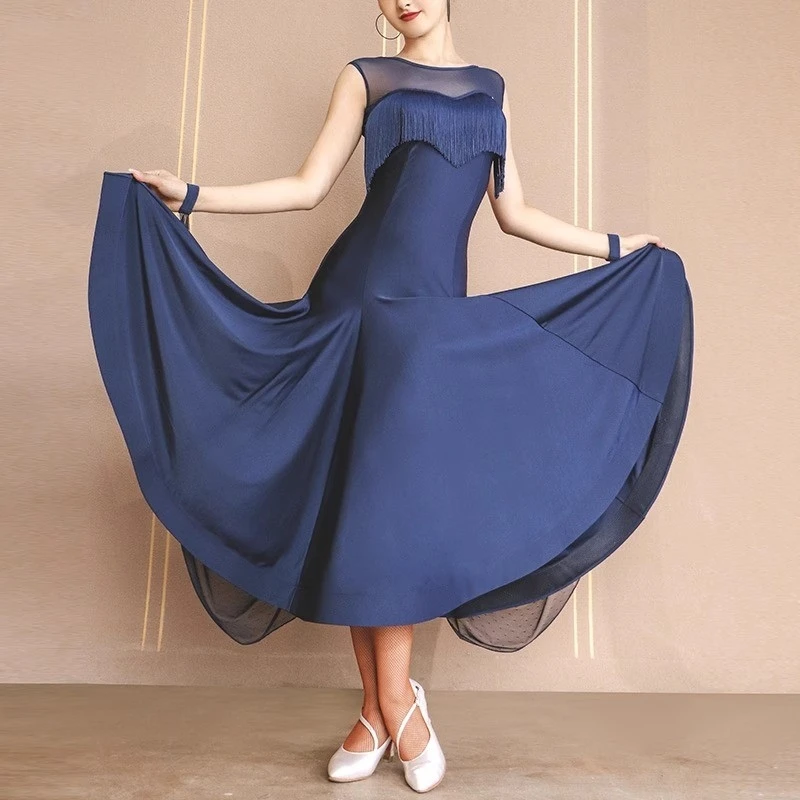 National Standard Dance Long Skirt Sleeveless Blue Large Hem Dress With Leaky Back Modern Fishbone Skirt TL863