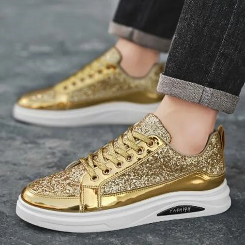 Luxury Mens Shoes Nightclubs Fashion Sequins With Diamonds Golden Sneakers Trendy Low Top Sports Casual Shoes Large Size 39-46