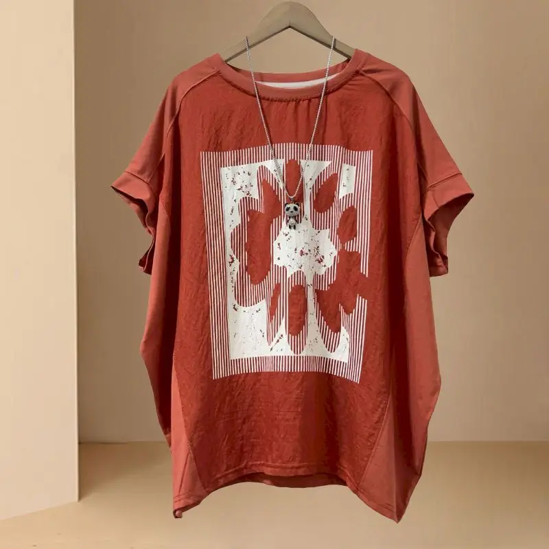 Oversized Bat Sleeves T-shirts for Women Summer Trendy Thin Slimming Tops Fashion Loose O-neck Short Sleeved Tshirt Ins Printed