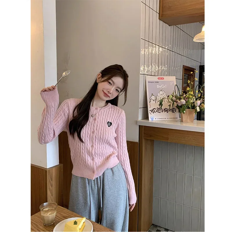 Women\'s Clothing Soft Screw Thread Sweater Autumn Winter New O-neck Slim Solid Wool Cardigan Sweet Casual Warm Pink Warm Tops