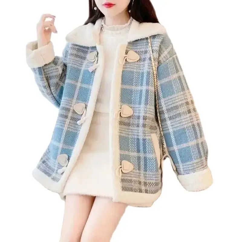 

Autumn Winter Lamb Wool Coat Women New Loose Wool Lapel Jacket Fashion Horn Button Outerwear Fleece Thicken Overcoat Female