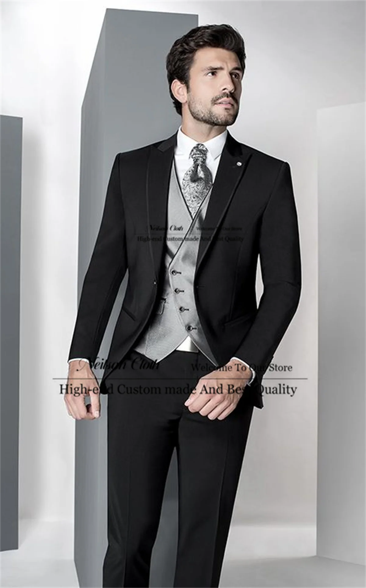 

Handsome Black Male Prom Blazers 3 Pcs Sets Grey Vest Groom Wedding Tuxedos Peaked Lapel Customized Slim Fit Costume Homme
