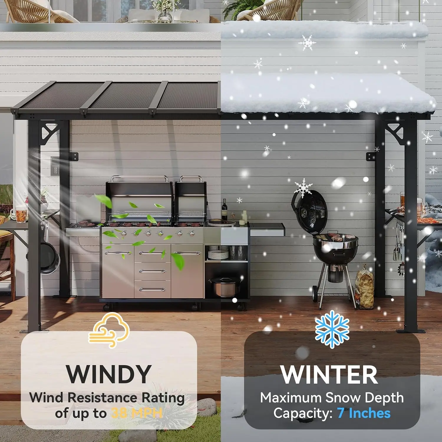 12x5 FT Grill Gazebo with Sloping Steel Roof, All-Weather BBQ Canopy with 2 Shelves & Hooks for Patio Backyard Deck, Customized