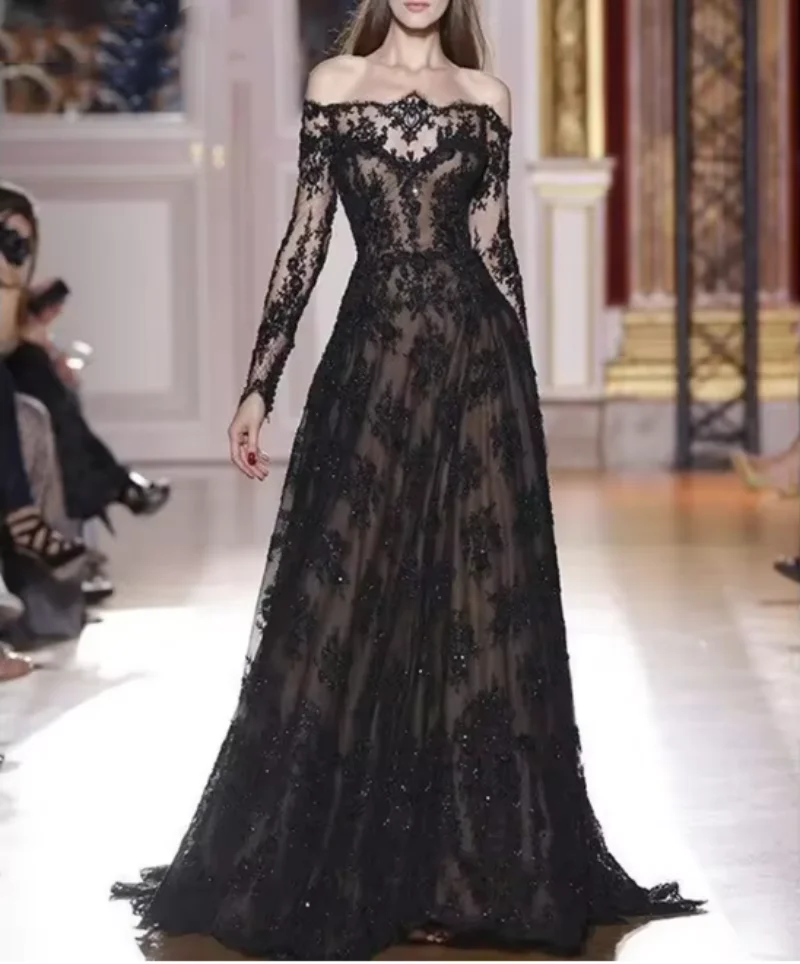 Elegant Black Lace Evening Dress A-Line Boat Neckline Long Sleeves Off Shoulder Customized Prom Gown Special Occasion Party Robe