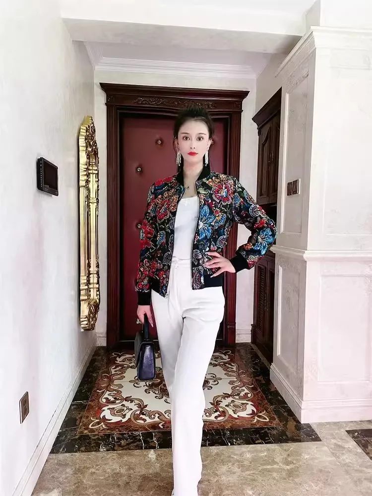 Spring Vintage Flowers Printed Bomber Jacket Stand Collar Long Sleeve Casual Outerwear Zipper Fashion Beading Short Coat Female