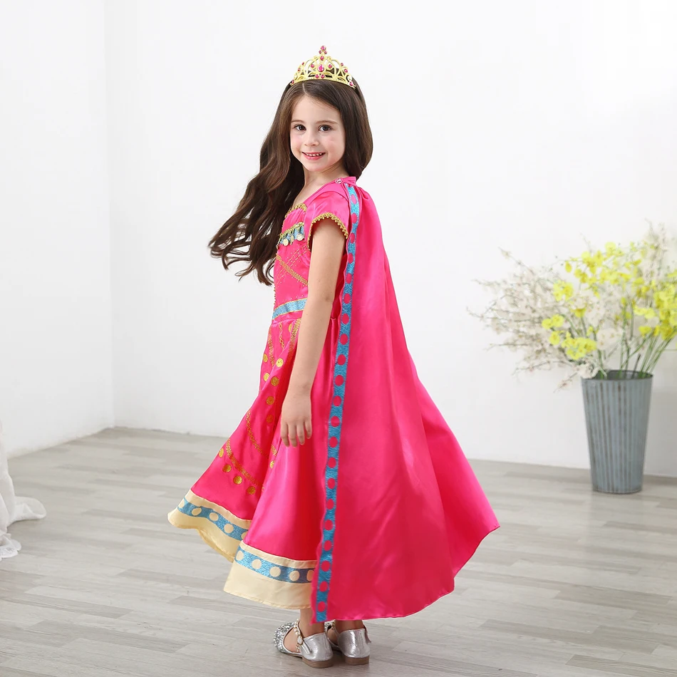 Jasmine Princess Dress for Girls Aladdin Christmas Gorgeous Pink Dress Kids LED Light Coronation Costume Child Arab Clothes