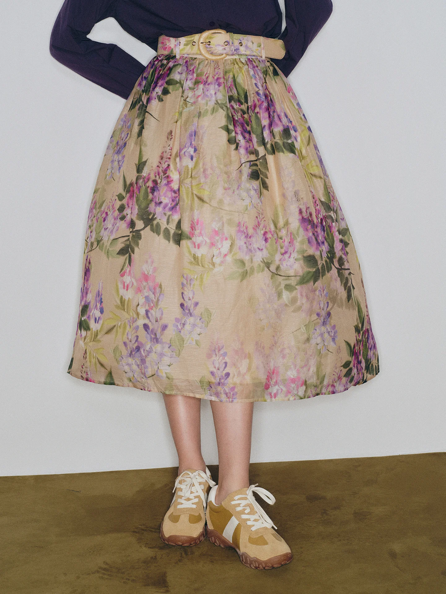 

Country Sle Floral Print f Skirt with Pleats Linen Silk European Organza Digital Printing Puffy A-Line Skirt for Women