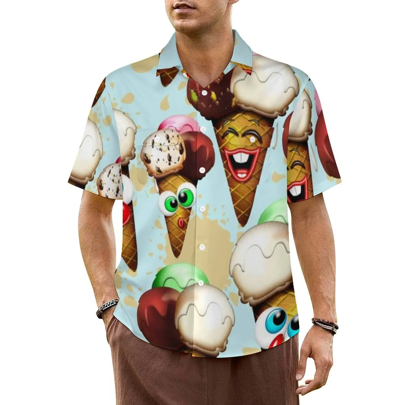 

Fun Ice Creams Cones Casual Shirt Cartoon Vintage Summer Shirts Men Short Sleeve Vacation Breathable Design Oversized Blouses