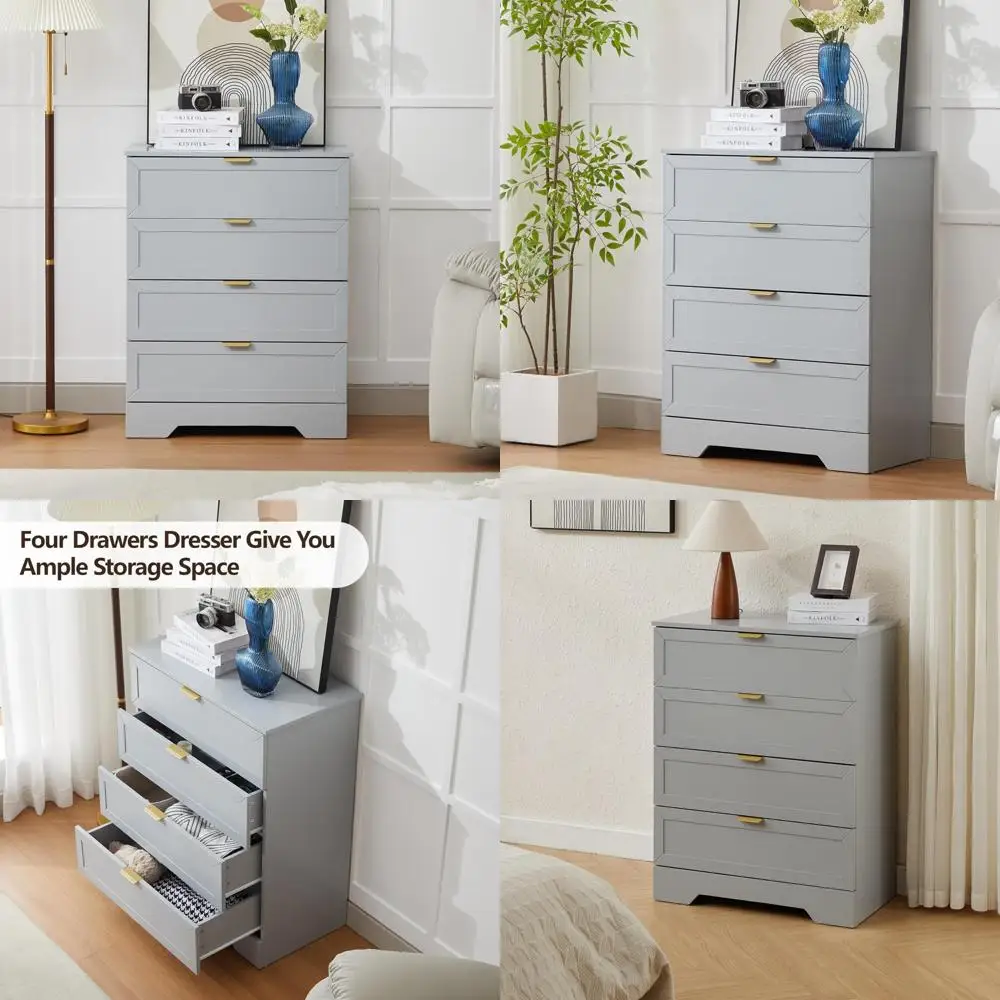 

large wooden bedroom dresser with 4 drawers and gold handles for storage and organization