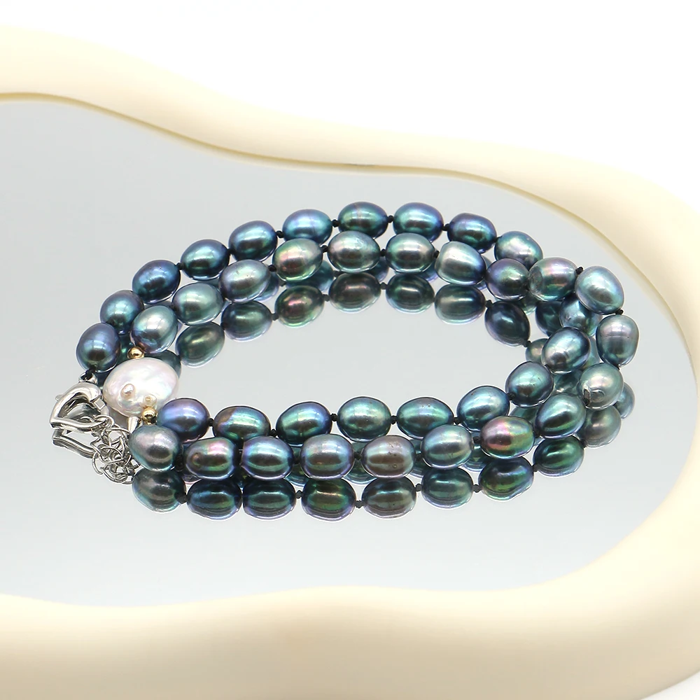 

8-9mm Rice Shape Colorful Green Pearl Necklace Combined With White Freshwater Pearl And Heart-shaped Clasp Design Necklace Gift