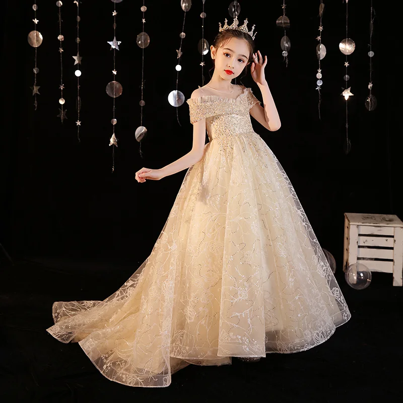 Kids Champagne Bridesmaid Evening Dresses for Girls Princess Costume Luxury 2023 Birthday Party Gown Formal Child Wedding Dress