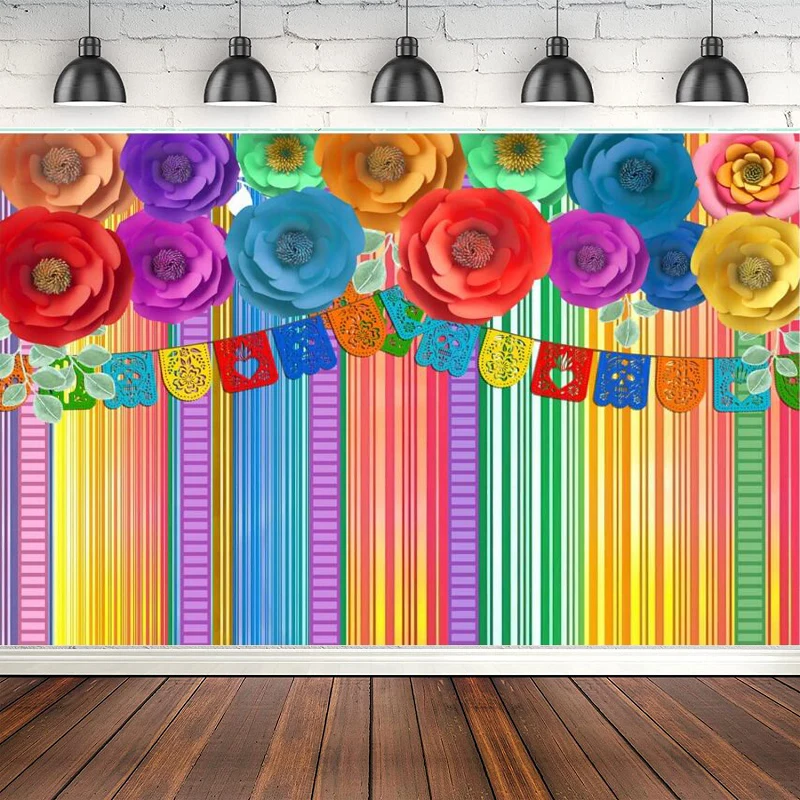 Mexican Fiesta Photography Backdrop Colorful Flags Floral Festival Birthday Party Background Baby Shower Wedding Party Supplies