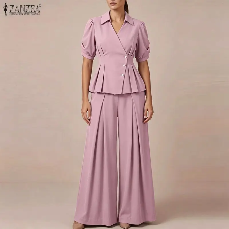 Women Elegant Office Pant Sets Puff Sleeve Peplum Tops Wide Leg Pants Pleated Cinched Waist Workwear V-Neck Solid Suit ZANZEA