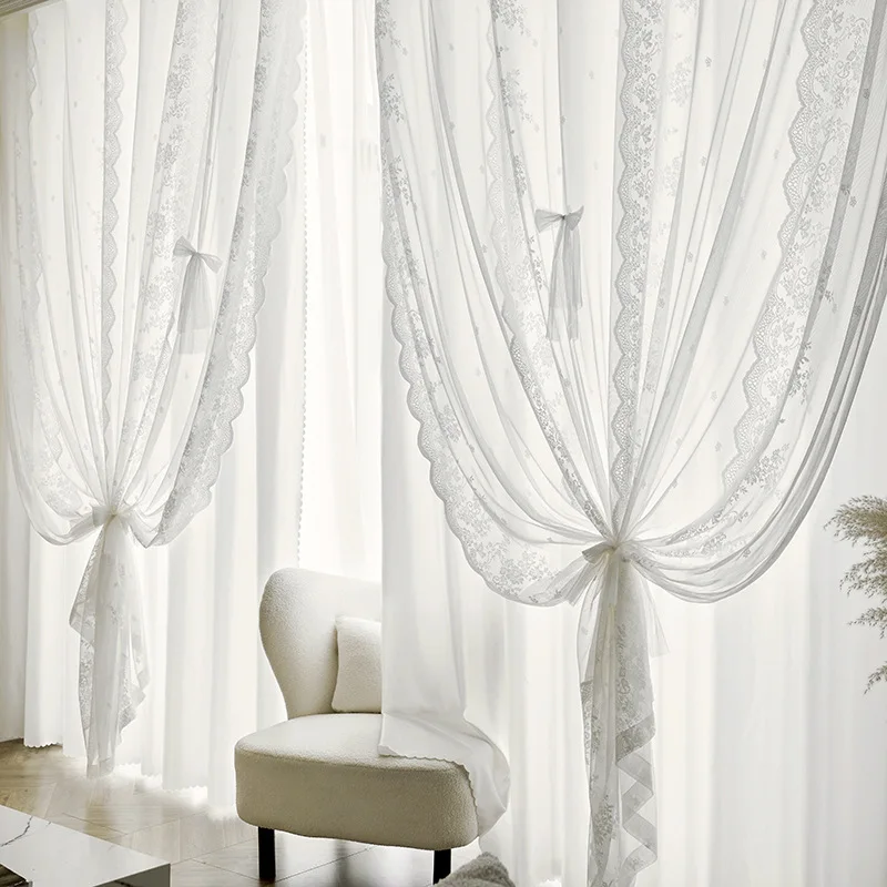 Fabric Yarn One French Lace Curtains for Living dining room bedrooms Semi-blind Double-layered Princess Wind Translucent Opaque