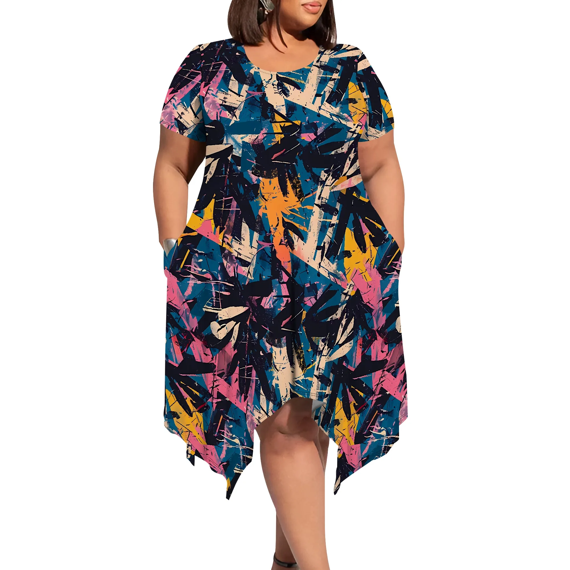 

Women's Summer Boho Plus Size Dress With Pockets Short Sleeves And Round Neck For Beach Wedding Guests