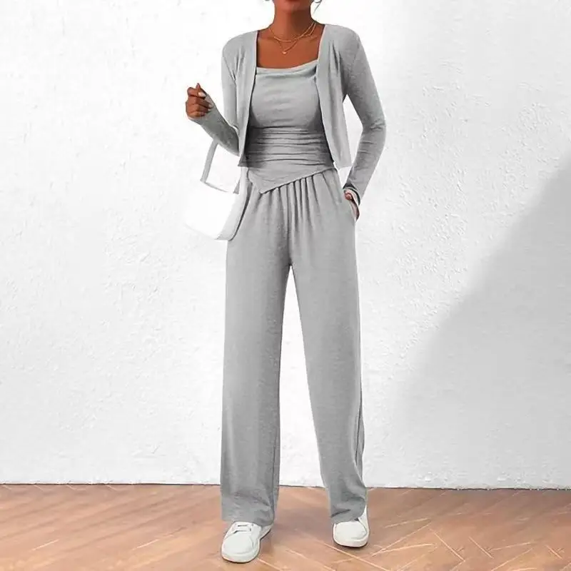 

Women's Trendy Slim Trousers Suit Simple zipper Irregular T-shirt coat +Wide-leg Trousers 3 Piece Set Casual Summer Lady Suit