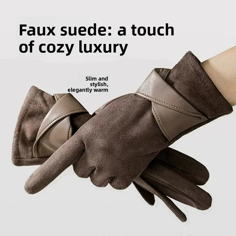 Women Suede Thermal Gloves New Autumn Winter Velvet Thickened Cold Proof Touch Screen Driving Riding Windproof Warm Gloves