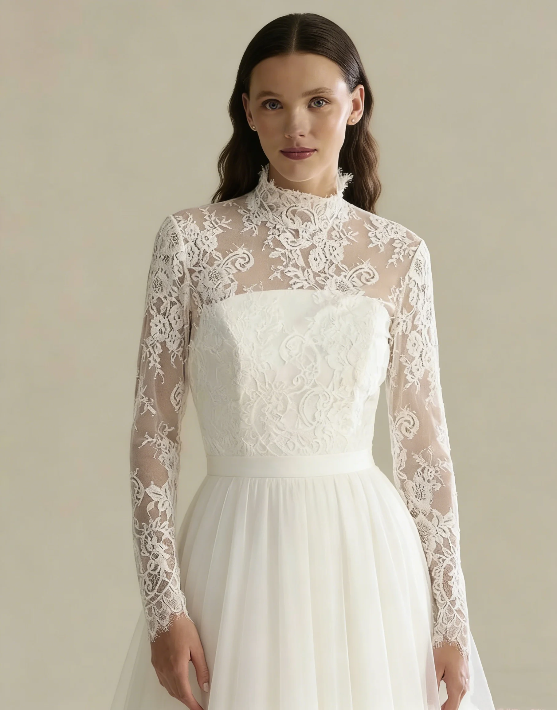 

Женское кружевное болеро для свадьбы с длинными рукавами, высоким воротником и аппликацией по краю, свадебный жакет на заказ