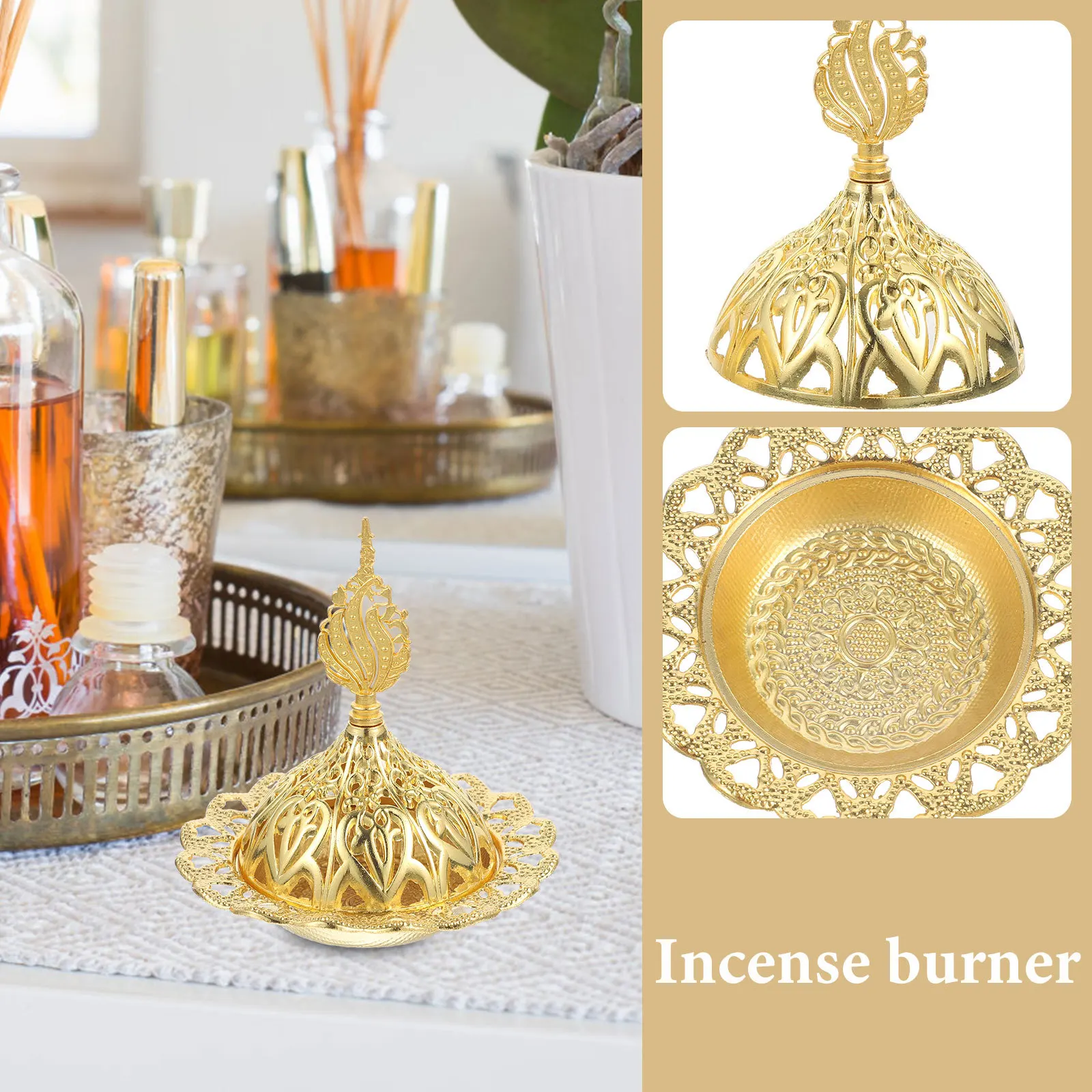 

Metal Incense Burner Hollow Cone Holder Indoor Desktop Censer Decorative Aromatherapy Burner Home Ornament Incense Stand