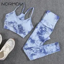 NORMOV-Conjunto de gimnasio teñido anudado sin costuras para mujer, conjunto deportivo para aumento de glúteos, chándal de entrenamiento de cintura alta, camiseta sin mangas