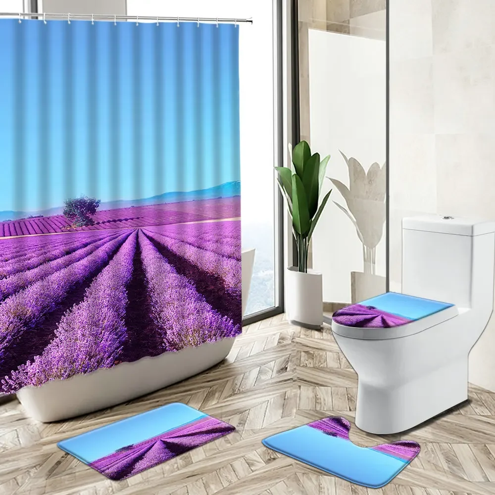 Lavender Flower Shower Curtain Sunflower Plant Countryside Natural Scenery Non-Slip Pedestal Rug Toilet Cover Bathroom Deco Set