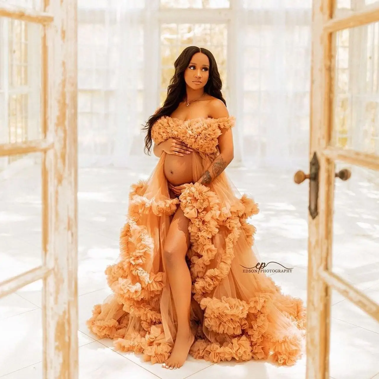 Luxury Gold Maternity Photoshoot Dress Photo Props Plus Size Tiered Ruffles Robes Tulle Maxi Gown for Baby Shower