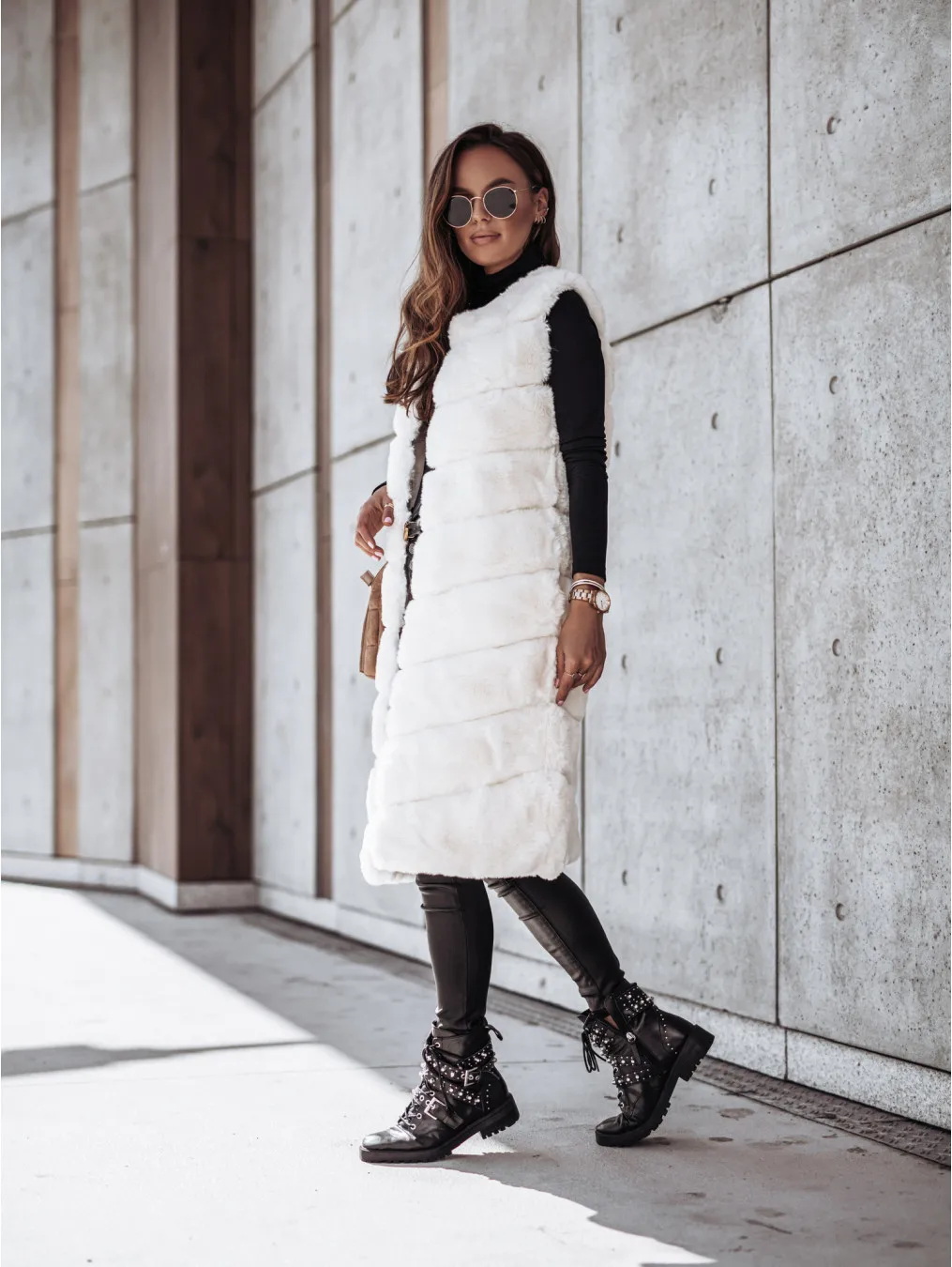 Women Long Faux Fur Fur Vests Coat Overcoat Sleeveless High Waist Autumn Winter Long Round Neck Solid Color