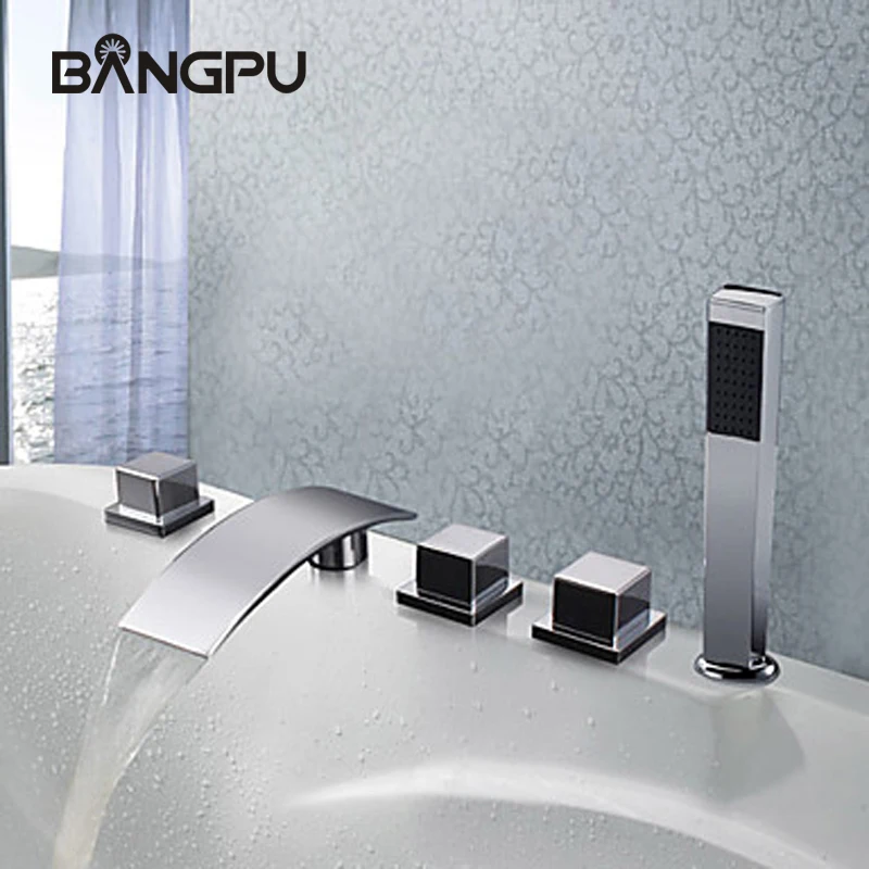 

Deck Mount Waterfall Tub Faucet Set with Handheld Shower Bathroom Bathtub Faucet Set 5 Hole Roman Tub Faucet with Sprayer Chrome