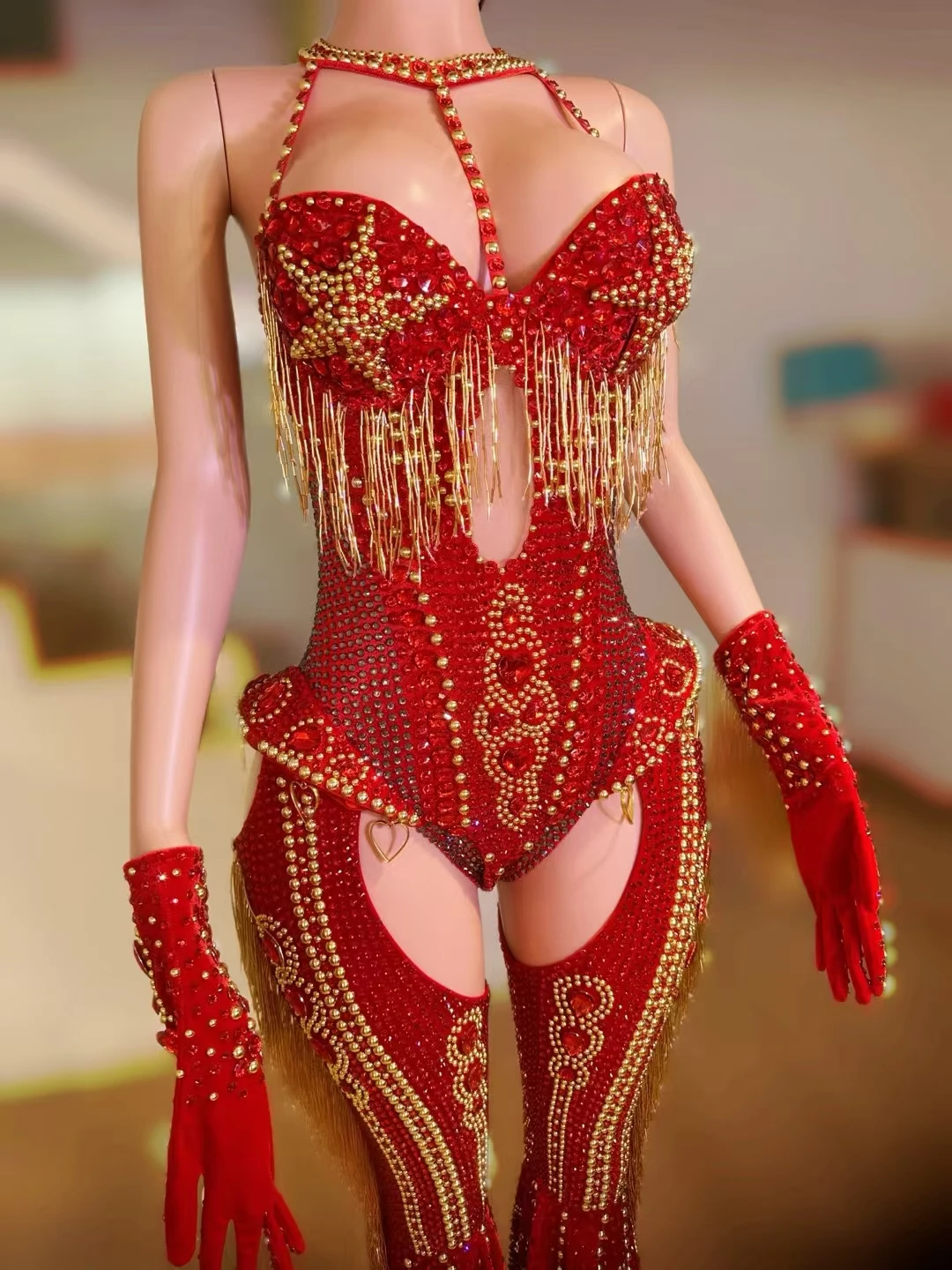 Sparkly Rhinestone Bodysuit 4Pieces Set Nightclub Outfit Party Stage Show Jumpsuit  Cabaret Carnival Showgirl Sexy Wear Hongding