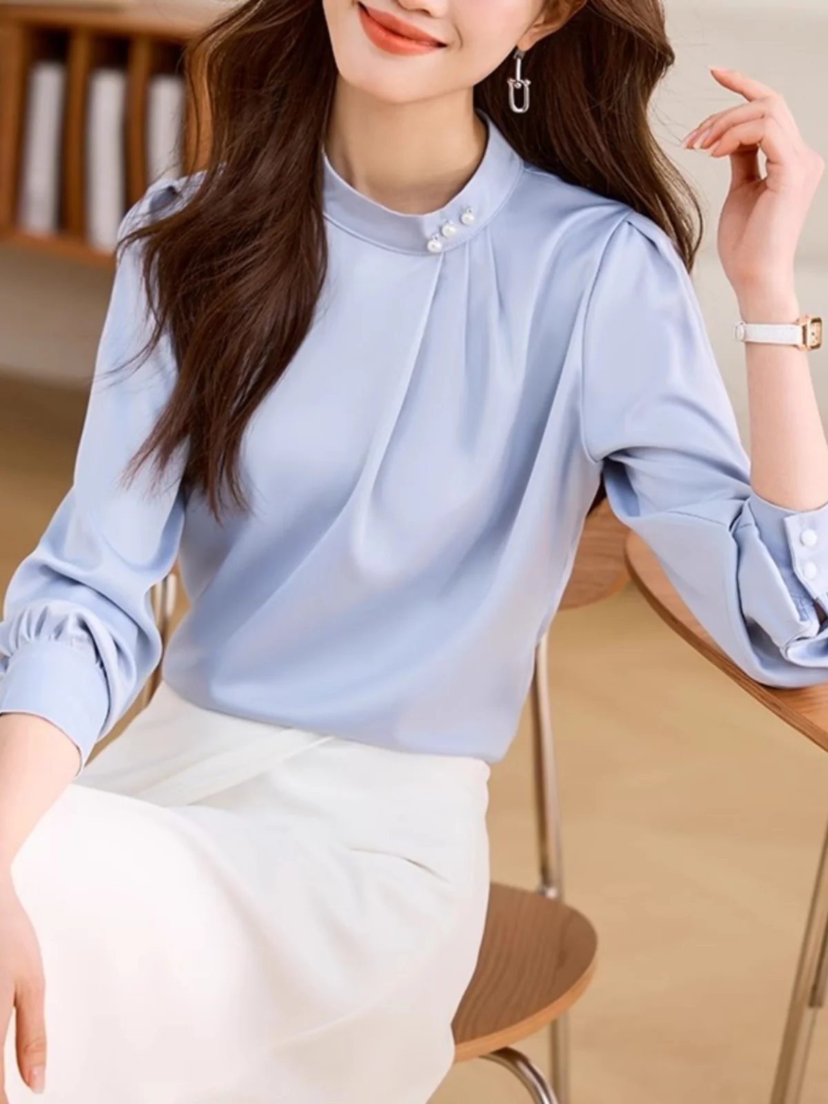 

Ele Stand Collar Chiffon irt Women's Spring Faion 2026 Inner Wear Base Top Long Sve Polyester Satin Commute Sle