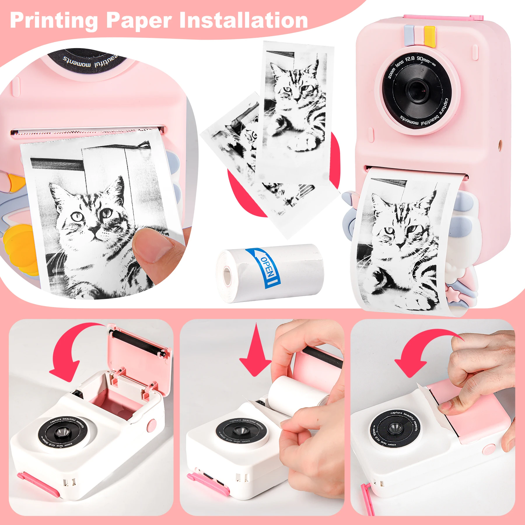 Unilabo instant printcamera voor kinderen, dual-lens selfie 1080P video, draagbaar speelgoedcadeau voor kinderen van 3 tot 12 jaar met 3 rollen papier en 32G-kaart