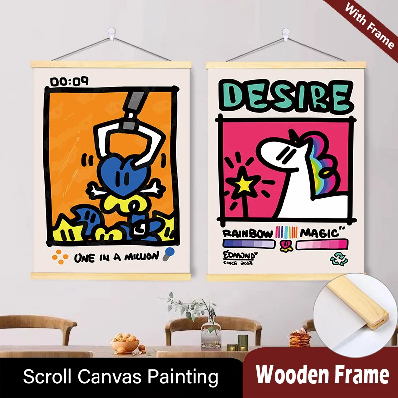 

American Style Cartoon Graffiti Wall Art Wood Hanging Scroll Painting Posters for Bedroom Kids Room Children's Home Decor Framed