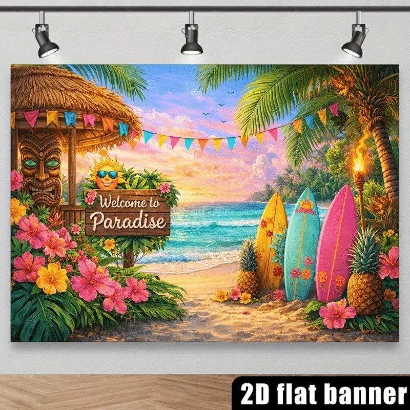 Hawaiianische Luau-Party-Kulisse, Tropischer Strandparadies-Hintergrund mit Tiki-Hütte, Surfbrettern & Ananas für Sommerpartys – Detail 4