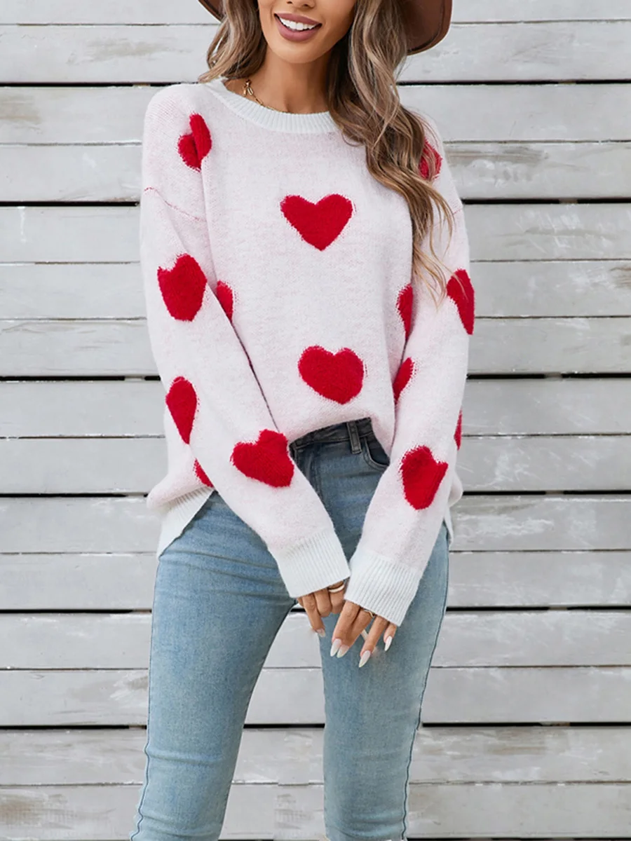 Women s Autumn Winter Knit Sweater Long Sleeve Crewneck Heart Print Casual Knitwear