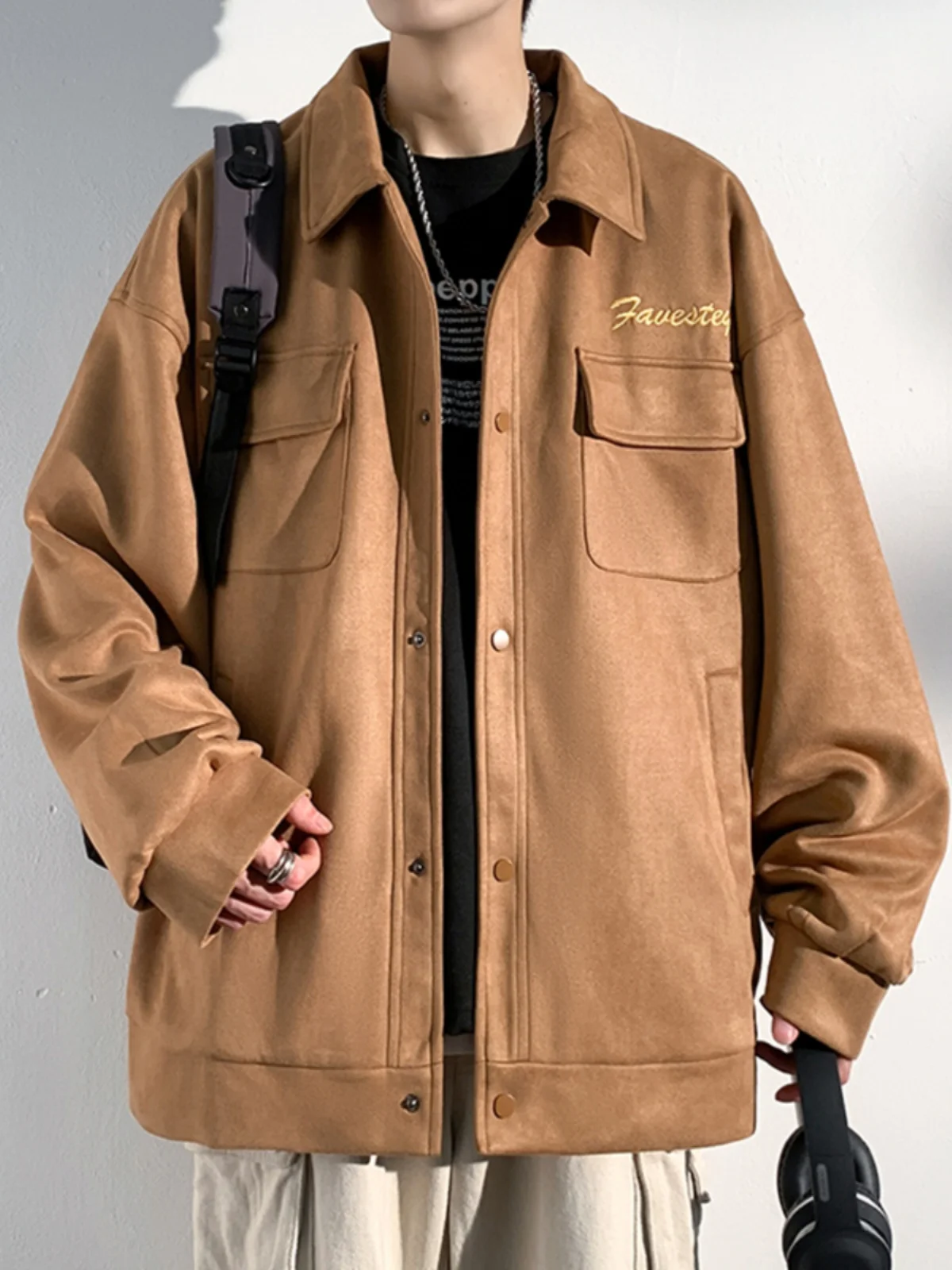 2025 Spring and Autumn New Black Suede Workwear Jacket Men's Casual Loose Coffee Color Apricot Color Open Button Jacket