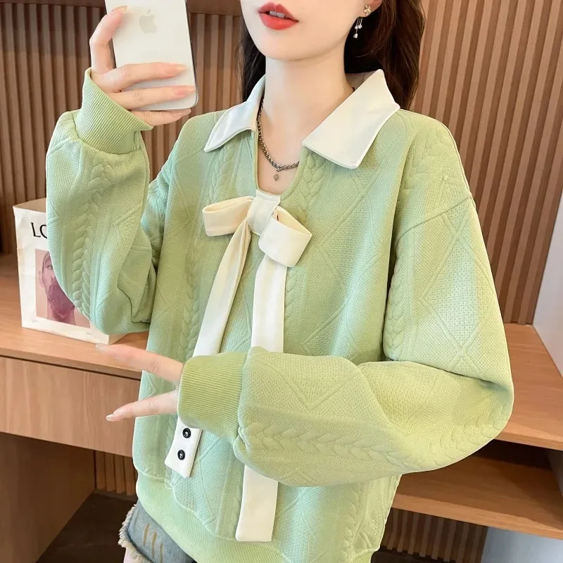 Women's Contrast Polo Collar Bow-Knot Knit Sweatshirt Hoodies